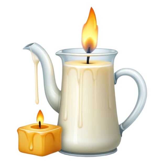 Candle making icon, candle with a wick, melting wax, wax blocks, pouring jug, wick holder, minimalistic style, clean lines, transparent background. sticker