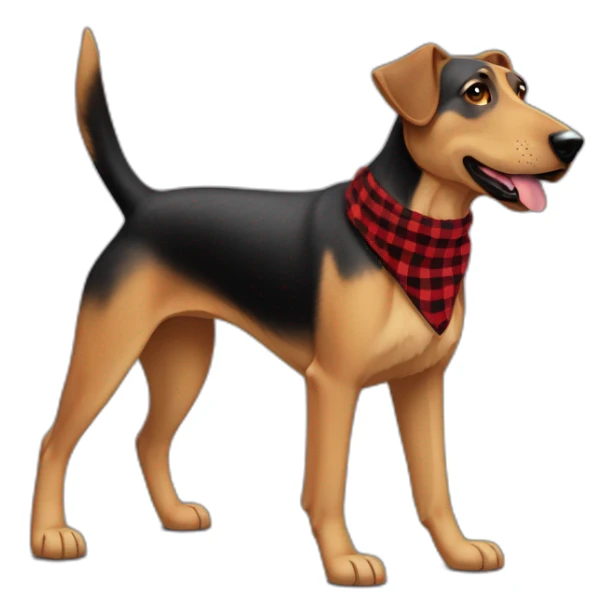 adult 75% Coonhound 25% German Shepherd mix dog with visible tail wearing small pointed red buffalo plaid bandana full body walking left quickly sticker