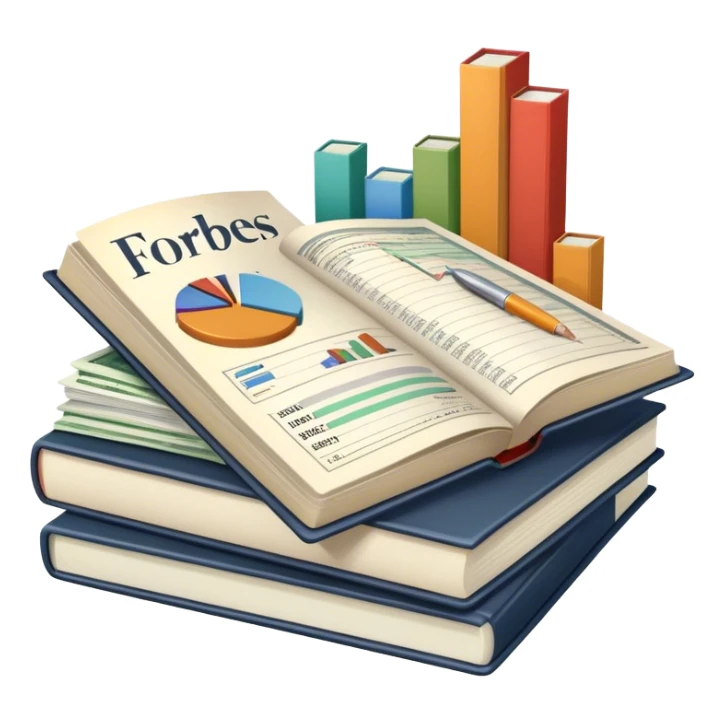 Icon for Business Reading: an open book with graphs, numbers, percentages, formulas, and text on the pages, next to a stack of books, a pile of dollars, a calculator and business magazines like Forbes. Transparent background. sticker