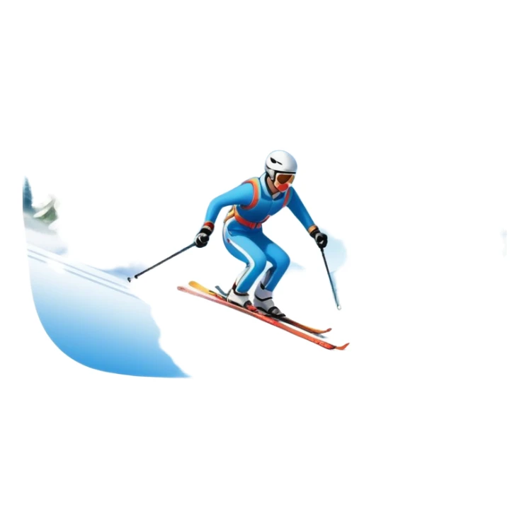 An icon featuring snowy peaks, pine trees, and a picturesque mountain landscape with a skier racing down a snow-covered slope, The sky is blue with soft clouds, capturing the thrill and beauty of alpine skiing. Transparent background highlights the excitement and serenity of winter sports. sticker