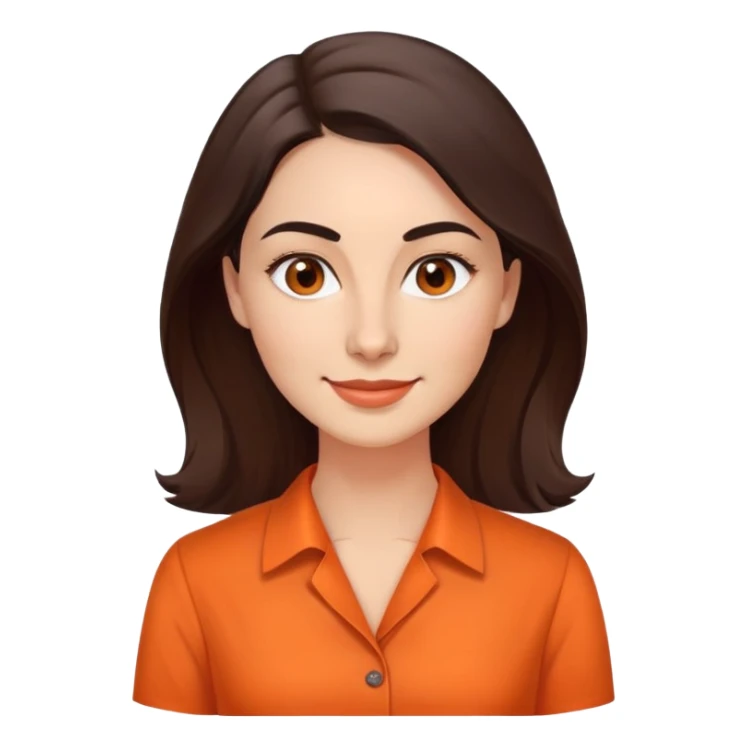 Professional woman in her 30s with light complexion, oval face, gentle features, large dark brown eyes, well-formed medium eyebrows, small nose, warm friendly smile, long slightly wavy dark brown hair, wearing a bright orange dress shirt sticker