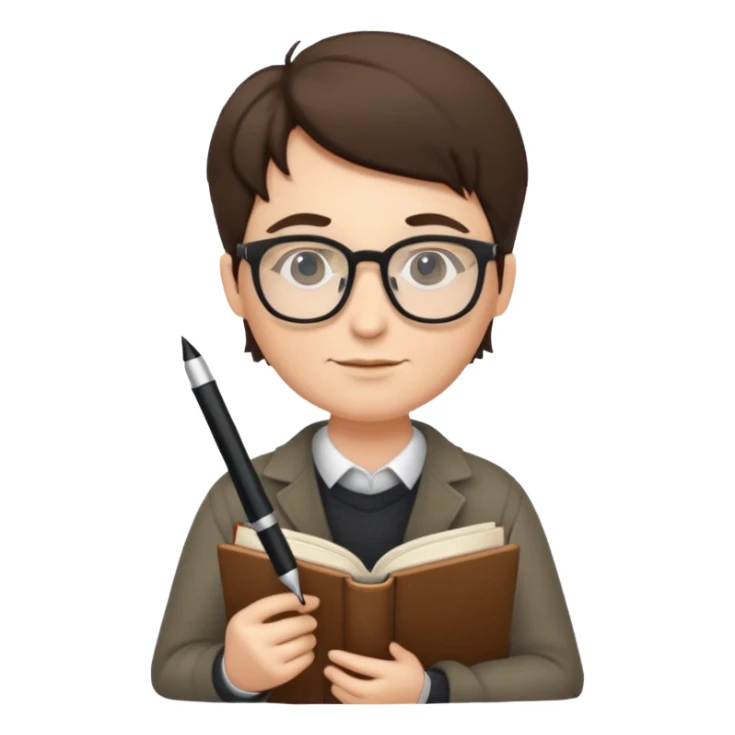 writer holding pen and book, wearing glasses sticker