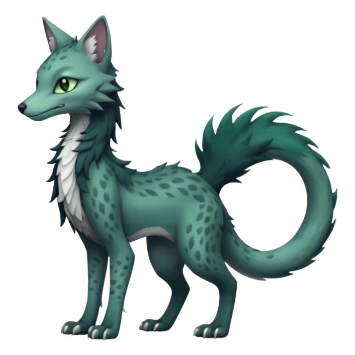 Kawaii divine gloomy ghostly dark greyish dark-deep-greenish foggy eldritch elegant cute beautiful realistic edgy fantasy feline-vernid-sergal-fursona animal creature with a tufted tail full body with intricate markings  sticker