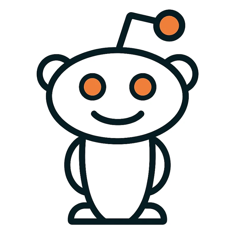 Reddit Snoo mascot, clean vector style, white body, orange eyes, simple and friendly sticker