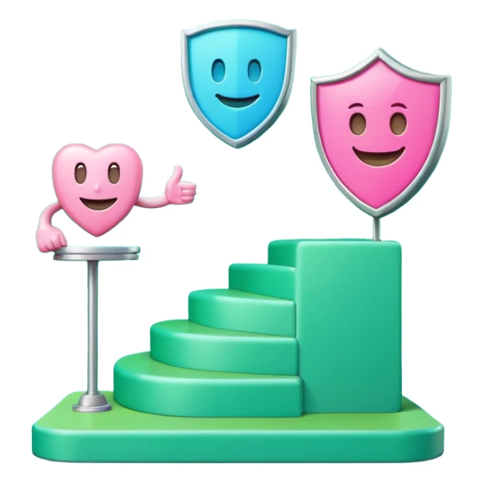 Minimalist 3D emoji-style podium with 2 steps on a green chroma key background. Step 1 (higher) features a handshake icon with blue neon glow. Step 2 (lower) features a smiling tooth with a shield icon and pink neon glow. Clean rendering, soft colors, uniform lighting. sticker
