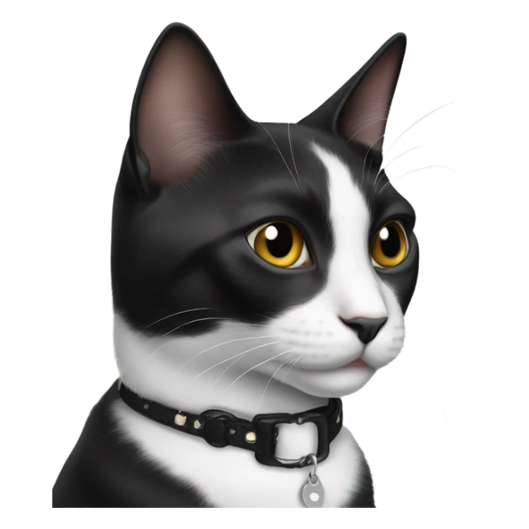 Black and white cat wearing a collar with the name Rue sticker