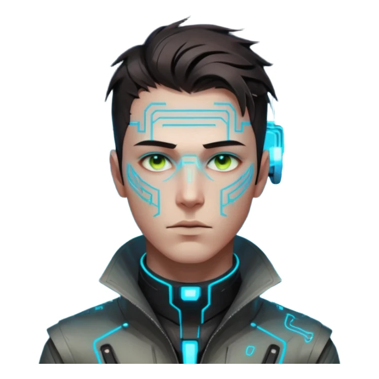 Cyberpunk male head, messy dark hair, glowing circuit patterns tracing from neck to temple, eyes reflecting shifting neon code, clean-shaven, futuristic minimalist aesthetic. sticker
