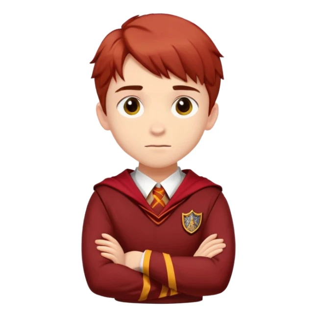A teenage boy slightly to the side looking forward with crossed arms wearing the Gryffindor uniform sticker