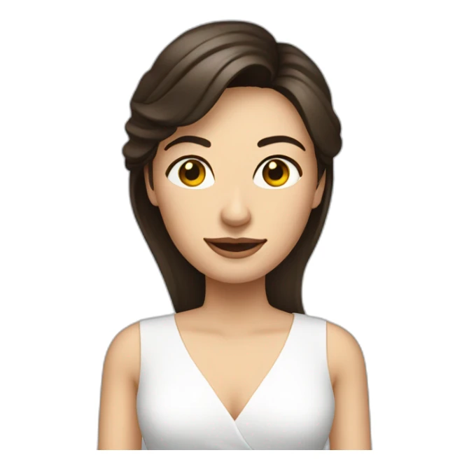 Brunette woman in a white dress talking to a camera sticker