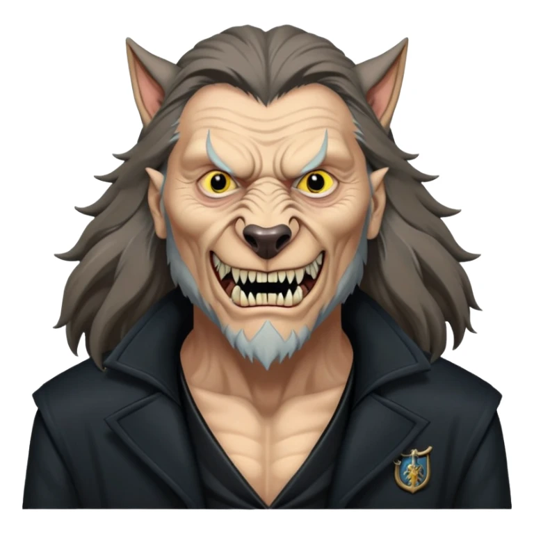 Fenrir Greyback in harry potter, black open chest coat, wolf face, pointed ear, bared teeth sticker