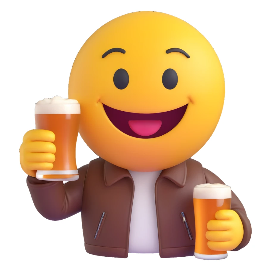 3D smiley emoji, round shape, motorcyclist with beer: holding beer mug, leather jacket, funny face sticker