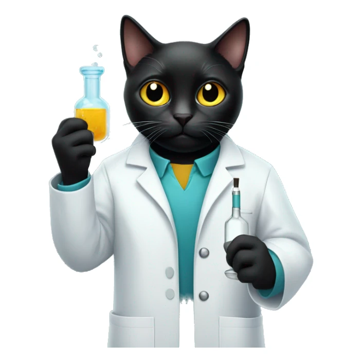 Black cat wearing a lab coat with shocked expression holding a vial sticker