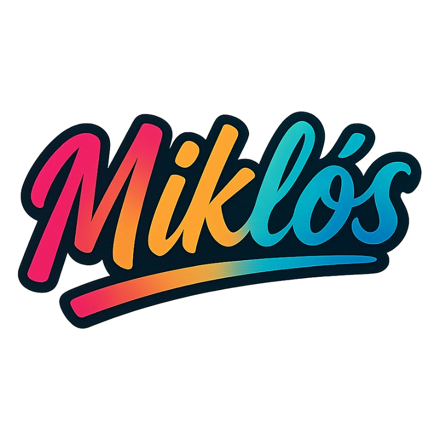 The name 'Miklós' in a modern, colorful gradient font with a dark outline, on a transparent background, with the name underlined or partially underlined dynamically with a slanted underline, in the style of the sample images. sticker