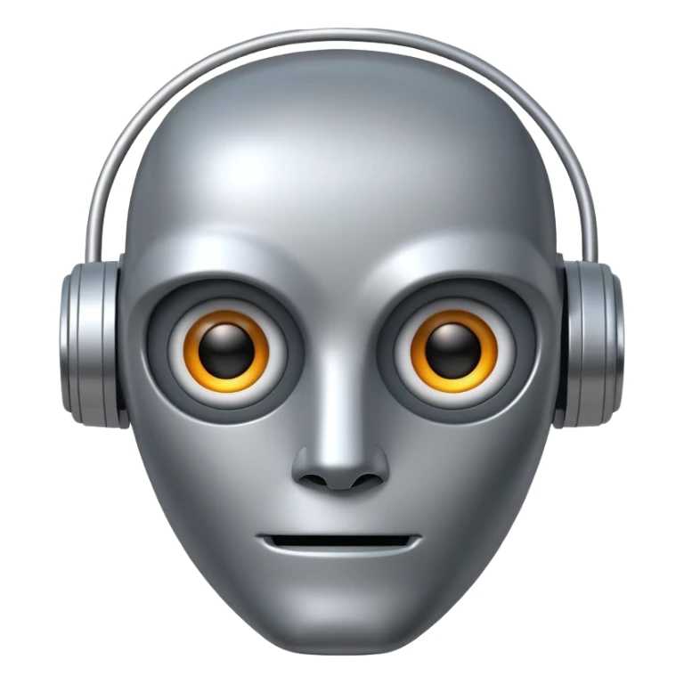 Robot face emoji with metallic features, simple antenna, digital eyes sticker