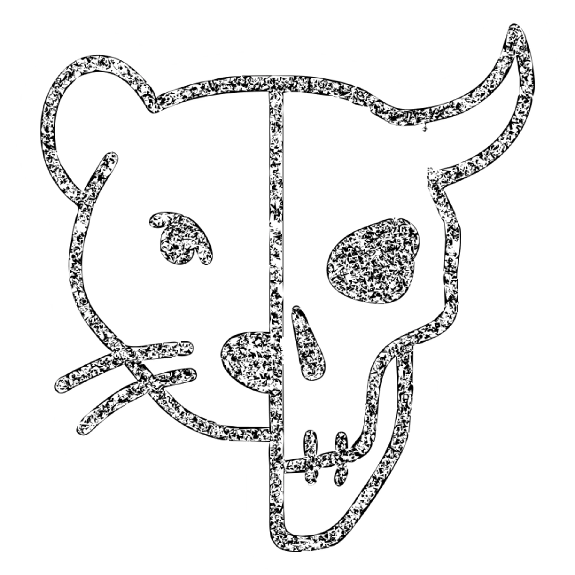 a highly minimalist red icon showing half stoat face merged with half minotaur skull with broken horn, outline deliberately incomplete with missing sections, weathered and aged appearance, parts faded away, extremely simplified but recognizable, completely red sticker