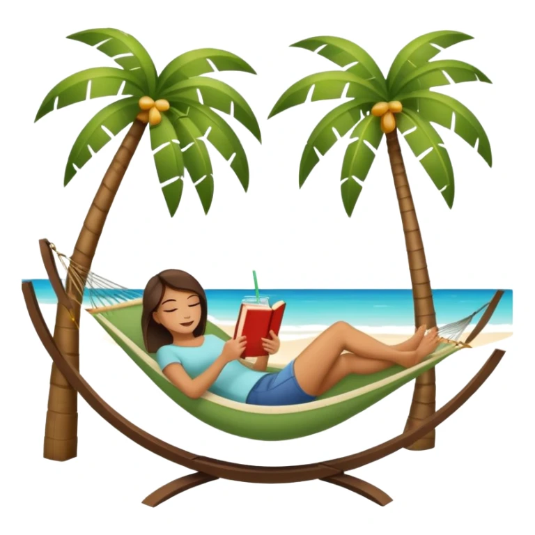 woman lying on a hammock between two palm trees, holding a book in one hand and a fresh drink next to her, symbol of relaxation, isolated on white background sticker