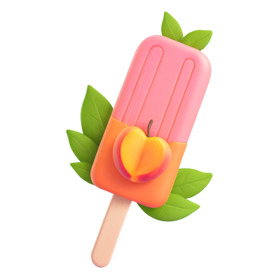 A peach-flavored popsicle with two peaches and green leaves inside, on a stick. The popsicle is light pink with a darker pink outline. sticker