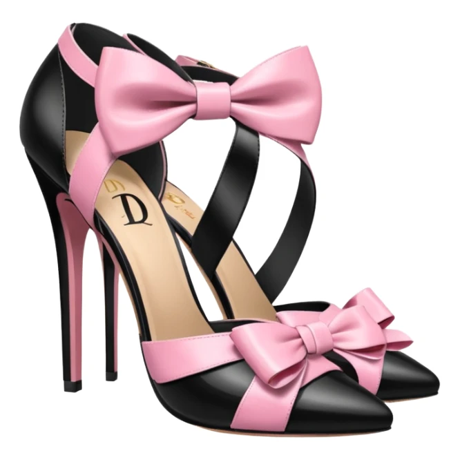 Strappy pink and black high heels with bows on front with “d” logo on them sticker