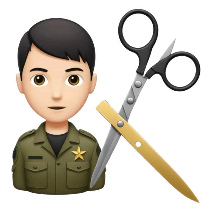 Floating black Scissors cutting in half an idf soldier ID card in 2 parts .hyper realistic sticker