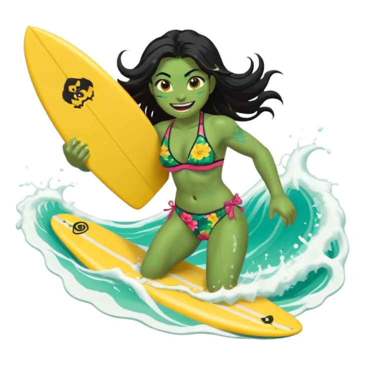 ork female holding small yellow bodyboard, running through shallow turquoise waves, muscular green body, bright floral bikini, fierce joyful grin showing tusks, long wet dark hair splashing, foam and spray, minimalist beach and ocean background, centered emoji, vibrant summer colors, sticker style sticker