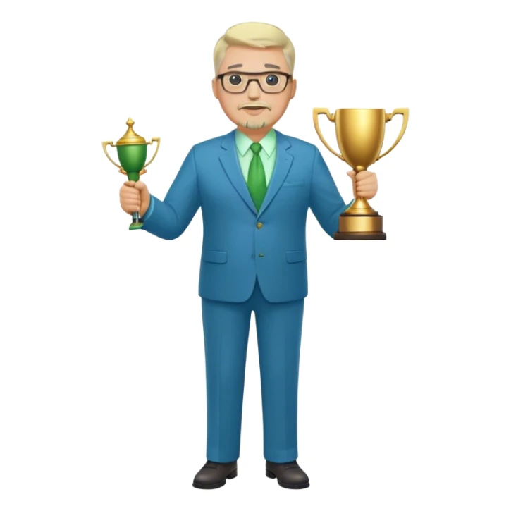 Full Body white middle aged male plus size wearing glasses with a goatee with light blonde and gray very short hair basketball head Coach in blue and green suit holding trophy sticker
