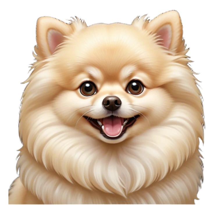 Cinematic Comical Cream Pomeranian Portrait Emoji, Head tilted dramatically with an exaggeratedly shocked or amused expression, featuring a glossy, fluffy cream Fur with a radiant sheen, wide, expressive dark eyes filled with playful disbelief, Simplified yet hilariously expressive features, highly detailed, glowing with a slightly sassy glow, high shine, dramatic yet playful, stylized with an air of cheeky mischief, bright and endearing, soft glowing outline, capturing the essence of a spirited and over-the-top companion, so meme-worthy it feels like it could side-eye its way into internet fame instantly! sticker