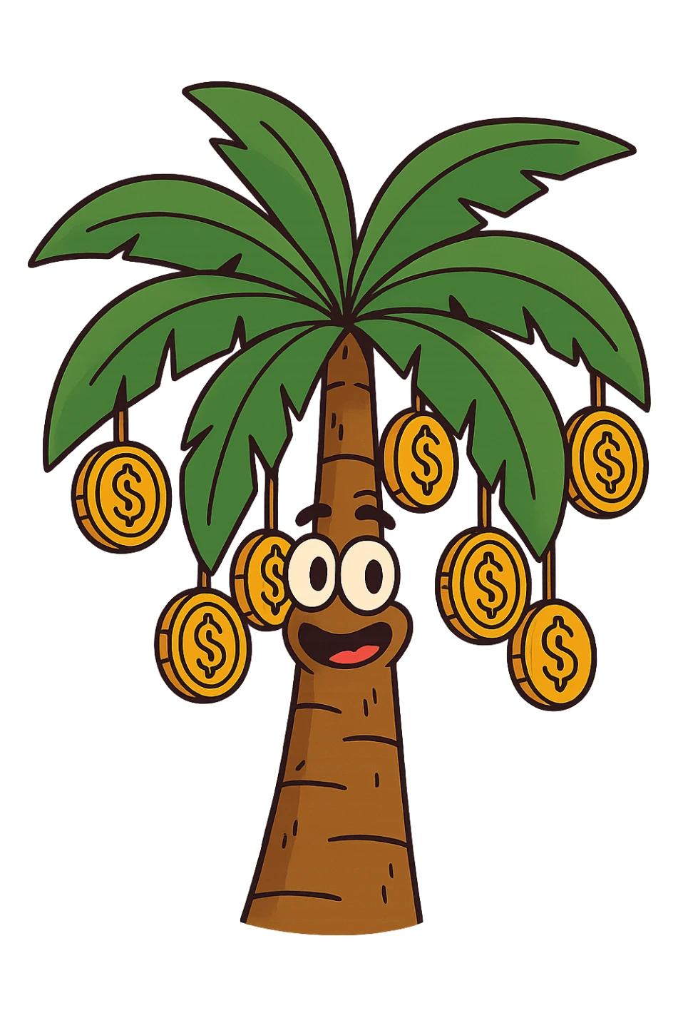 palm tree with golden coins hanging as fruit, flat modern style, bright saturated colors with greens, golds, reds, minimal but expressive, universal look sticker