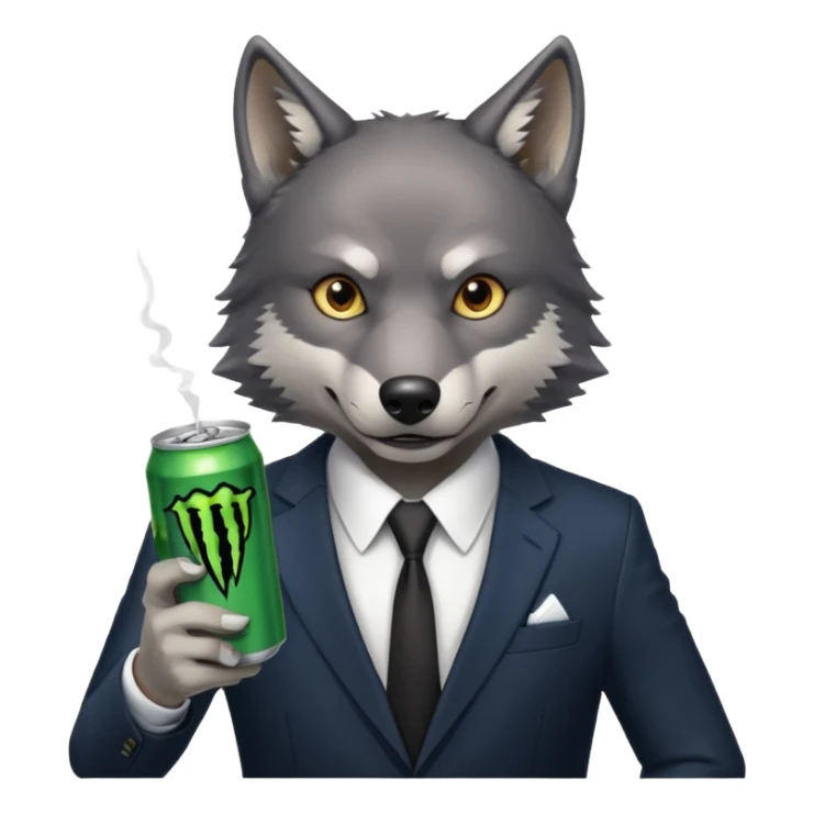 wolf in business suit, holding one monster energy can, with brown eyes  sticker
