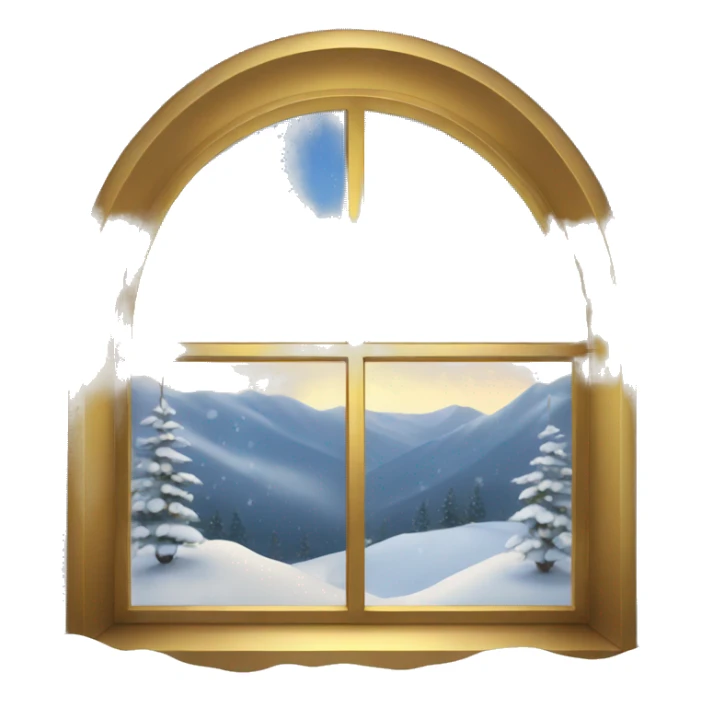 Window overlooking a snowy landscape with gold lights around the window frame sticker