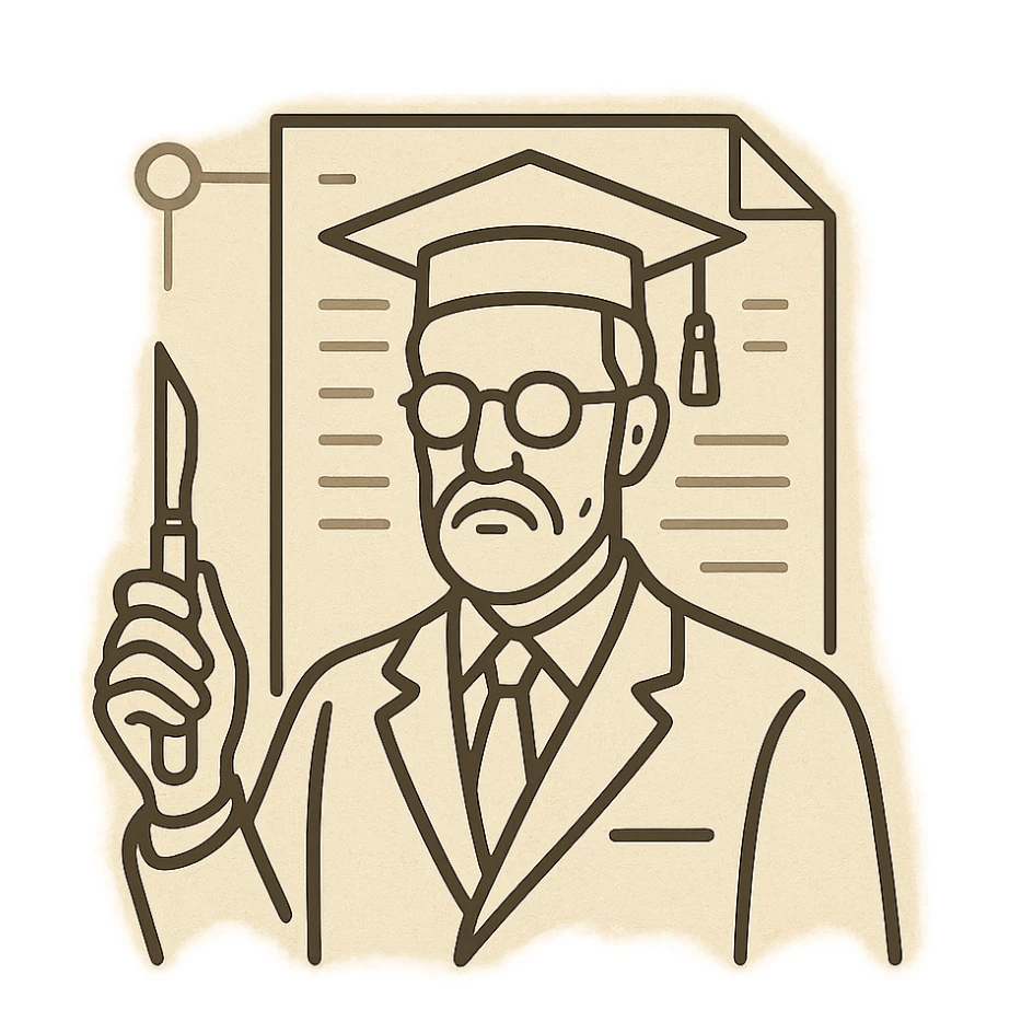 minimal elegant icon of a scholarly professor in classic academia style, dignified and not teaching, with a scalpel, set against a document background blending vintage academic motifs and subtle AI interface elements, refined cultured color scheme, technical and precise sticker