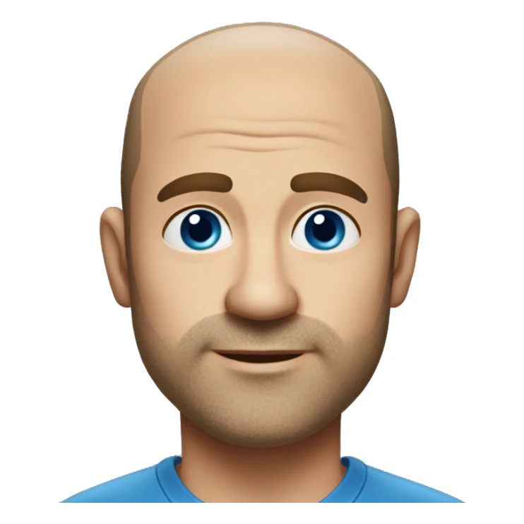 45-year-old man with a slightly round face, very short, almost shaved hair with a small central crest and a slightly receding hairline. He has blue eyes, subtle stubble sticker