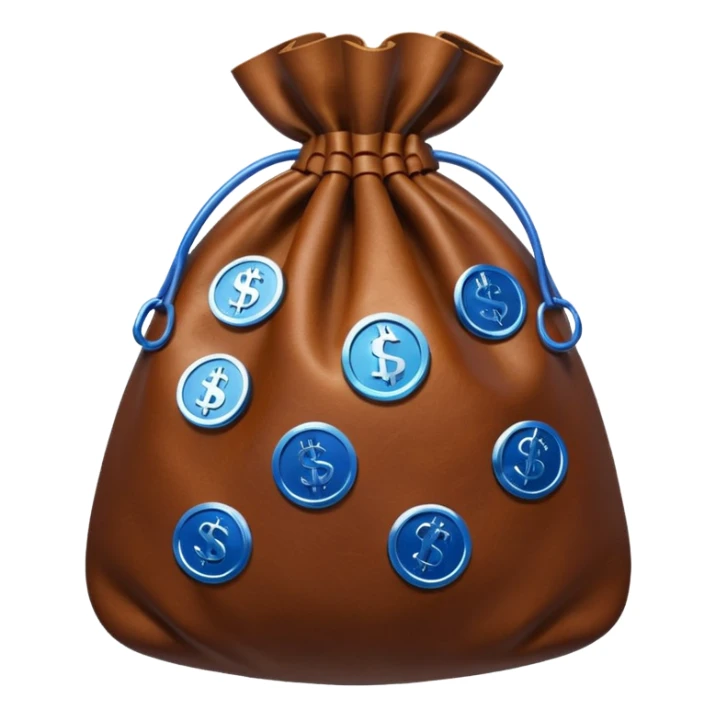 brown money bag with blue coins inside sticker