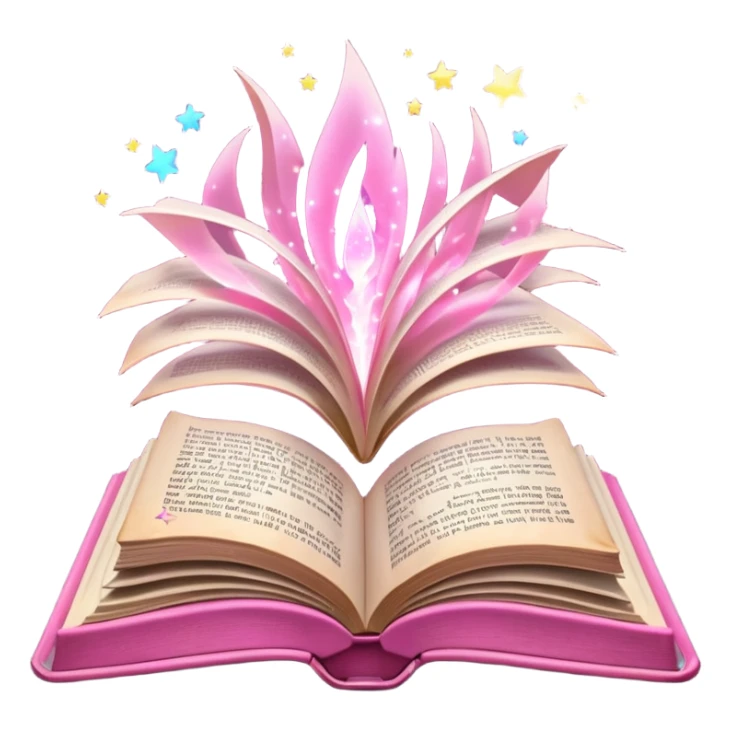 An open pink book with magical lights emerging from its pages sticker