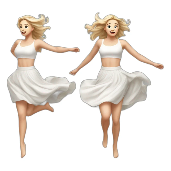 Hyperrealistic Full body Caucasian curvy beauty jumping white skirt back and front views strong wind sticker
