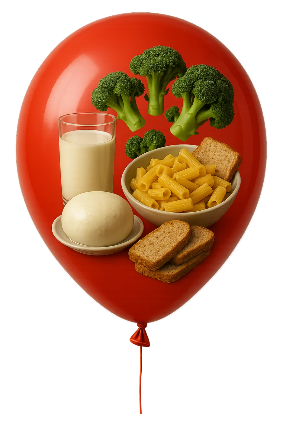 PALLONCINO ROSSO CON DENTRO UNA MOZZARELLA, UN BICCHIERE DI LATTE, UNA BOWL DI PASTA, QUALCHE BROCCOLO, QUALCHE FETTINA DI PANE sticker