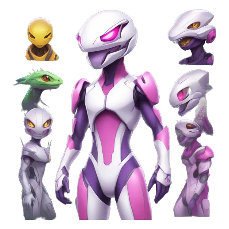 White body, Anthro-Sona-Lizard-Alien-Genesect-Mewtwo-Fakémon, with pink eyes, with a futuristic visor-helmet, wearing a techwear-suit, Full Body sticker