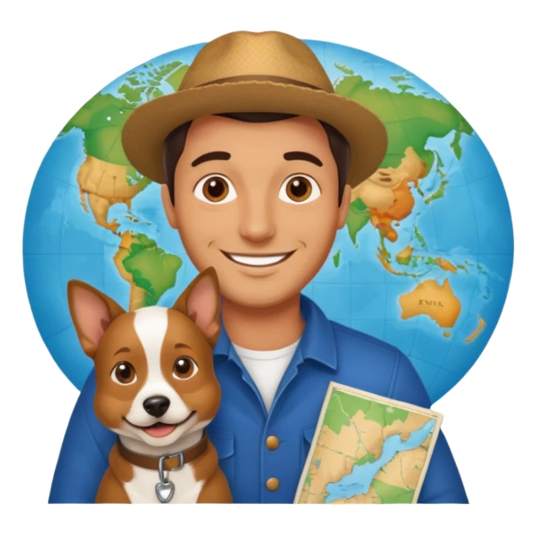 A handsome Italian man looking happy with his dog and a map  sticker