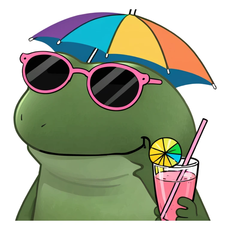 Bufo frog in a jumping pose, with rainbow umbrella hat, round sunglasses, holding a pink cocktail with a straw, classic Bufo meme style sticker