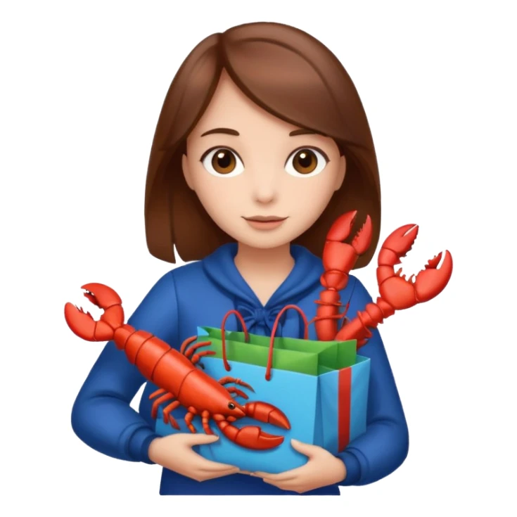 Cute girl brown hair holding gift bag with lobster inside sticker