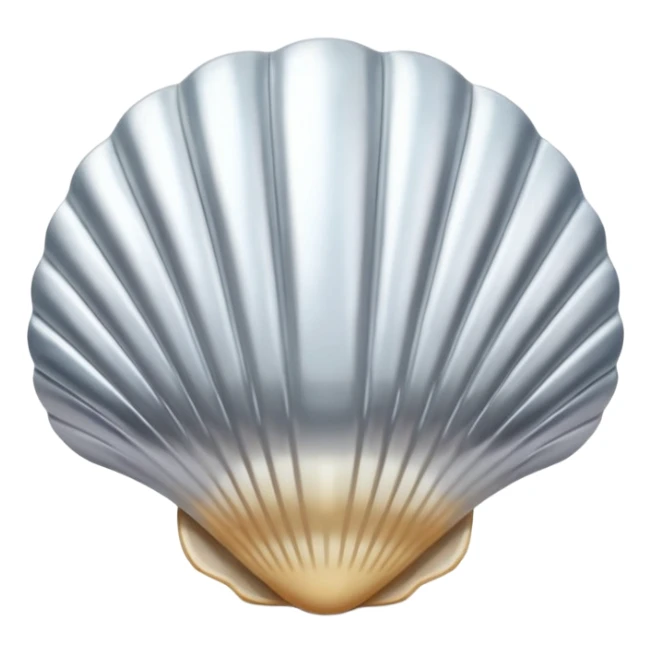 A seashell emoji made of polished silver chrome, smooth curved surface, reflective metallic highlights, elegant minimal design, iOS emoji style, centered, clean white background, soft lighting sticker