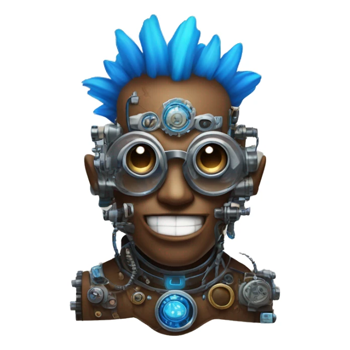 Brown cyborg head with blue Mohawk, blue beard, silver steampunk monocle goggles a smile and circuits sticker