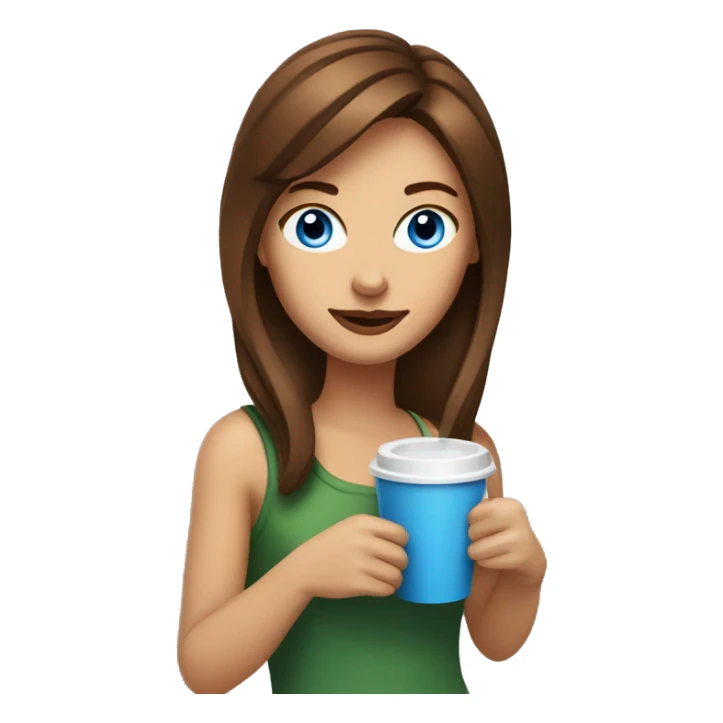 A brown-haired woman with blue eyes drinks coffee from a straw sticker