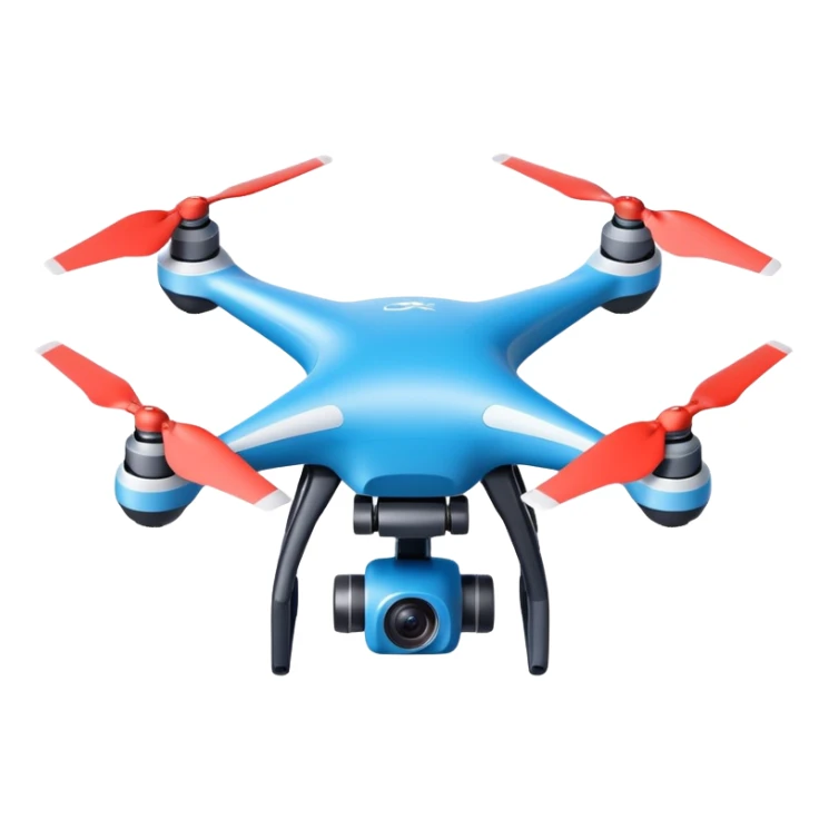 Camera drone sticker, modern quadcopter with 4K camera, sleek design, blue and white color, flat vector style, clean lines, soft shadow, white outline, transparent background sticker