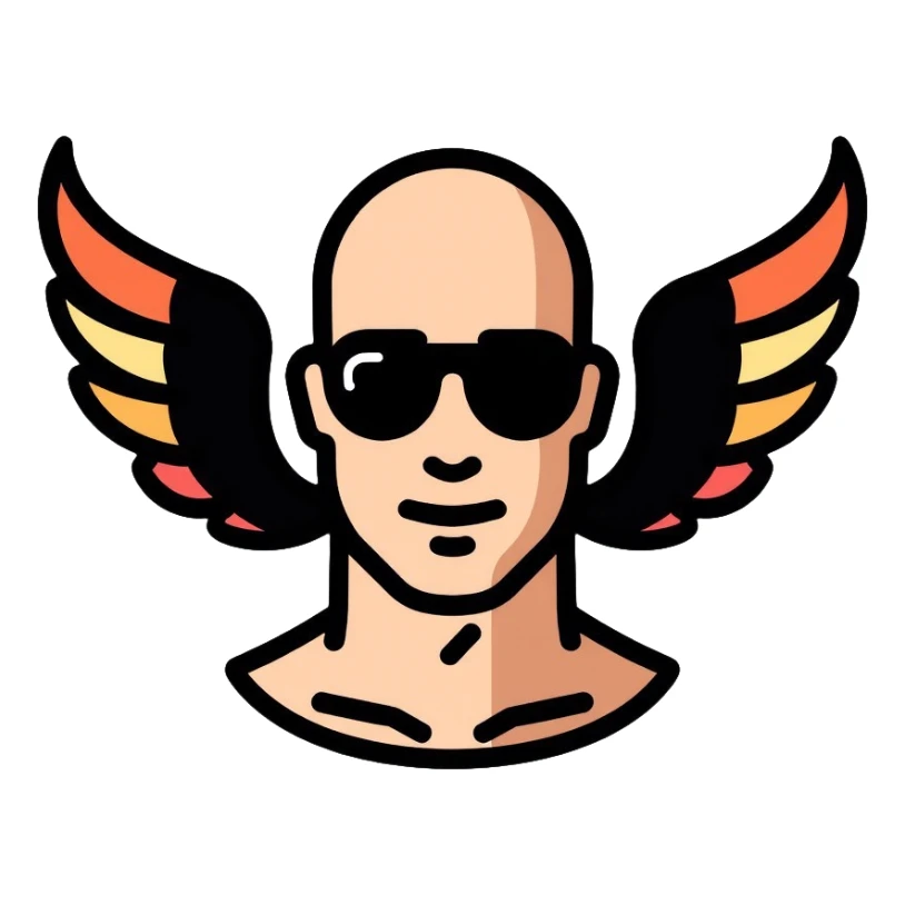 bald man with black sunglasses and wings sticker