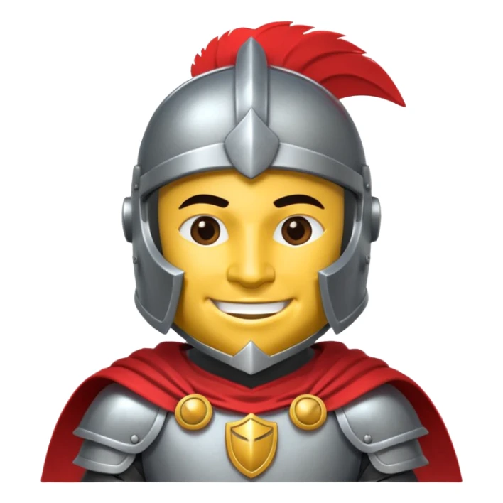 A friendly Trojan warrior mascot with a large cartoon-style head, wearing a silver helmet with a red crest and black cheek guards.  confident smile. The character wears dark armor with metallic details and a bright yellow cape.  sticker