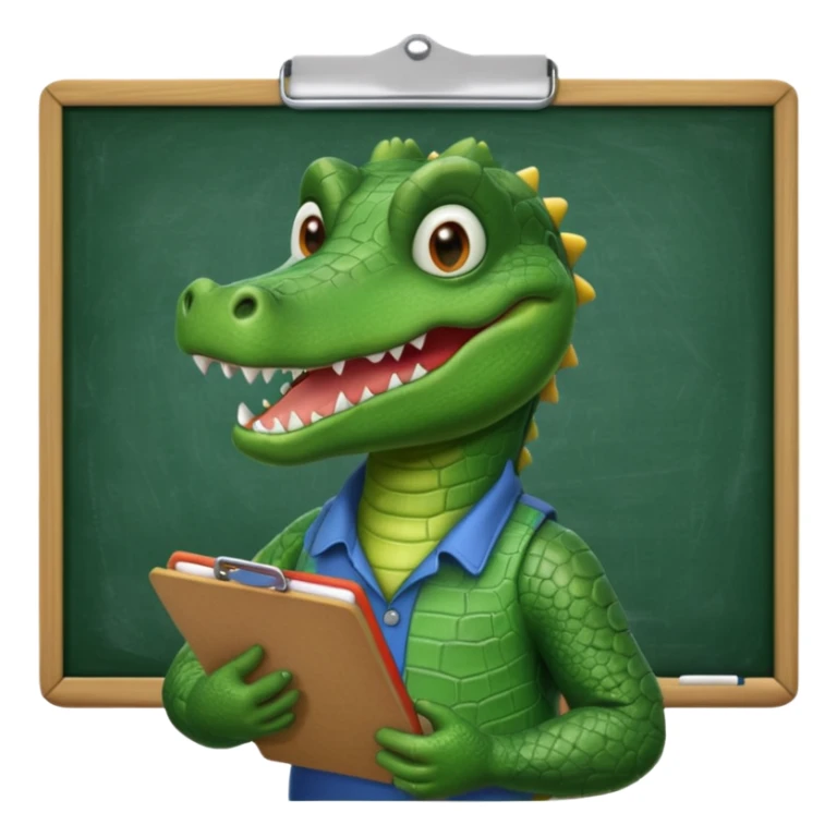 A 1960s style image of a gator with a clipboard and a pencil in front of a chalkboard sticker