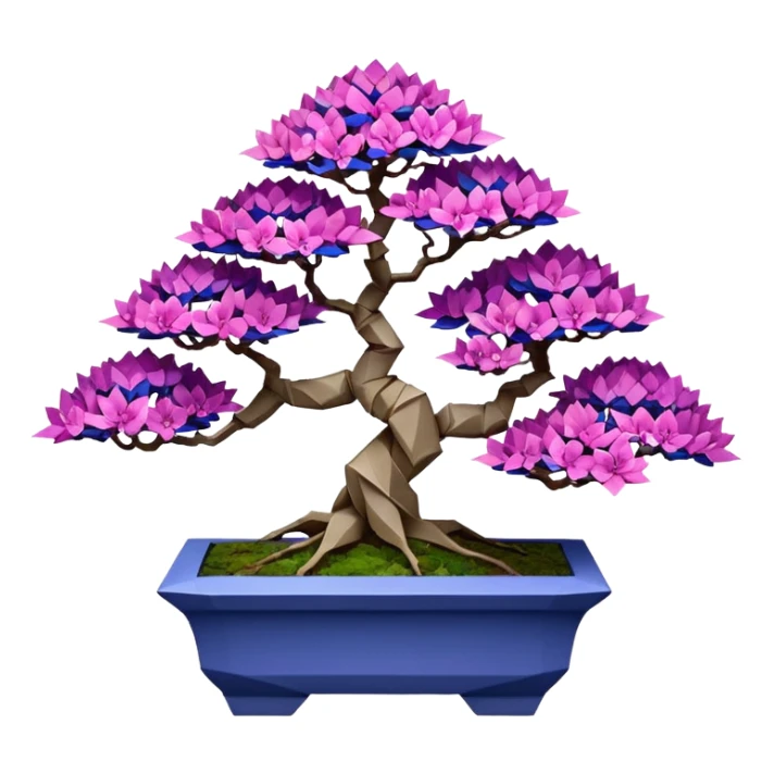 Futuristic wild et alien moss maples Bonsai hair-fine-leaf group crimson crystal azalea purple and cream pink blue informal cliffhanger forest planting in shallow slab origami style pot  sticker