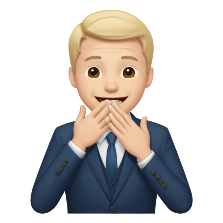 a white man in a formal suit laughs, covers his mouth with his hand sticker