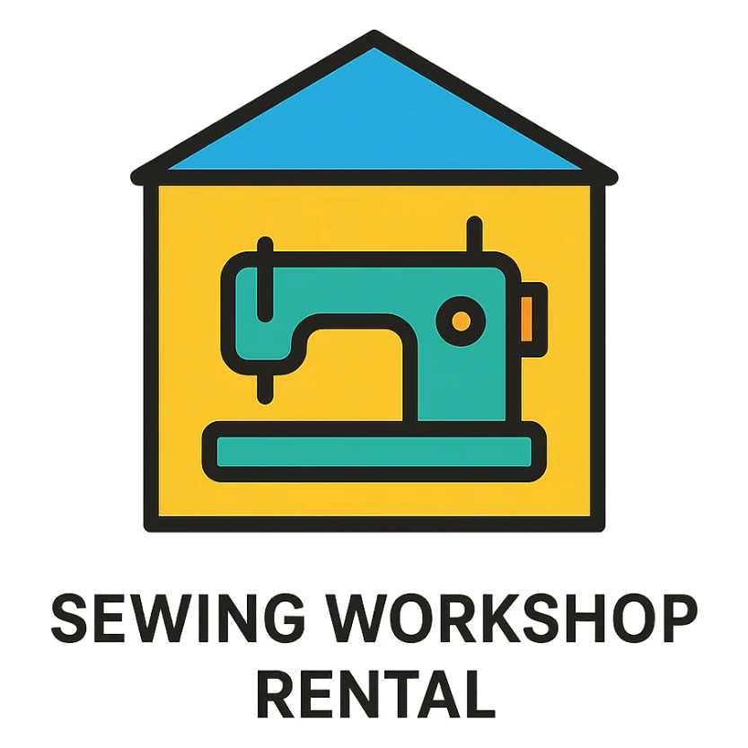 A flat design icon for 'Sewing Workshop Rental' illustrating a sewing machine inside a building, maintaining a clean and modern look. sticker