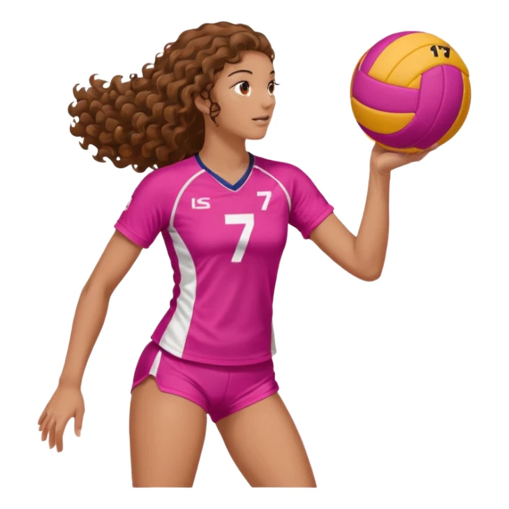 une joueuse de volley de profil debout (on voit ses jambes) qui joue (blanche brune avec des cheveux longs boucles) (avec une tenue ROSE avec le numéro 7) et une balle avec 2 couleurs orange et BLANC sticker